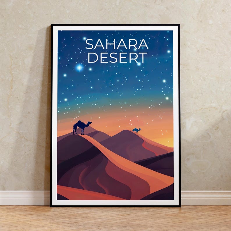 Sahara Desert Travel Print, Africa Poster, Camel Wall Art, Sand Dunes Illustration, Sahara Desert Poster, Home Decor, Birthday Gift