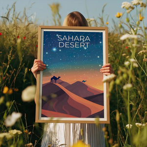 Sahara Desert Travel Print, Africa Poster, Camel Wall Art, Sand Dunes Illustration, Sahara Desert Poster, Home Decor, Birthday Gift