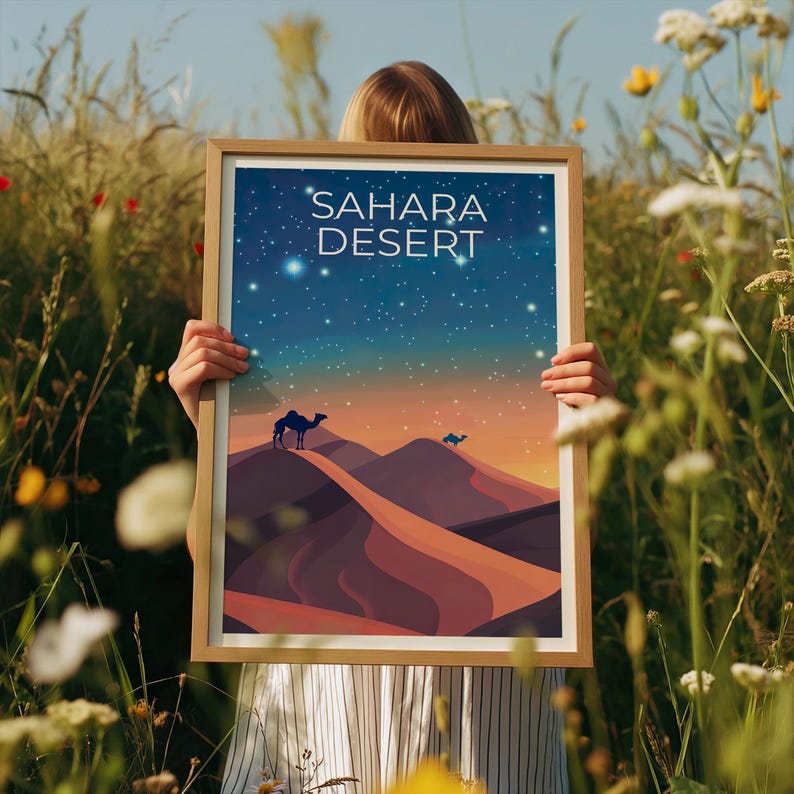 Sahara Desert Travel Print, Africa Poster, Camel Wall Art, Sand Dunes Illustration, Sahara Desert Poster, Home Decor, Birthday Gift