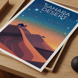 Sahara Desert Travel Print, Africa Poster, Camel Wall Art, Sand Dunes Illustration, Sahara Desert Poster, Home Decor, Birthday Gift