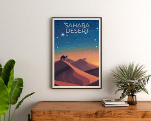 Sahara Desert Travel Print, Africa Poster, Camel Wall Art, Sand Dunes Illustration, Sahara Desert Poster, Home Decor, Birthday Gift