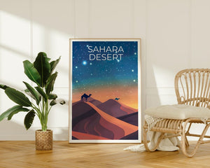 Sahara Desert Travel Print, Africa Poster, Camel Wall Art, Sand Dunes Illustration, Sahara Desert Poster, Home Decor, Birthday Gift