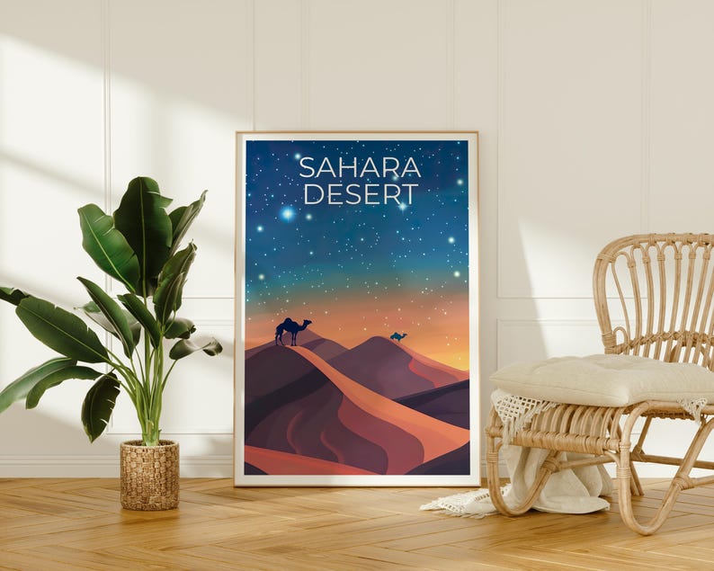 Sahara Desert Travel Print, Africa Poster, Camel Wall Art, Sand Dunes Illustration, Sahara Desert Poster, Home Decor, Birthday Gift