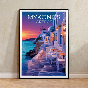 Mykonos Poster, Greece Travel Print, Cozy Cafe Art, Greek Islands Illustration, Landscape Poster, Scenic Wall Art, Home Decor, Birthday Gift