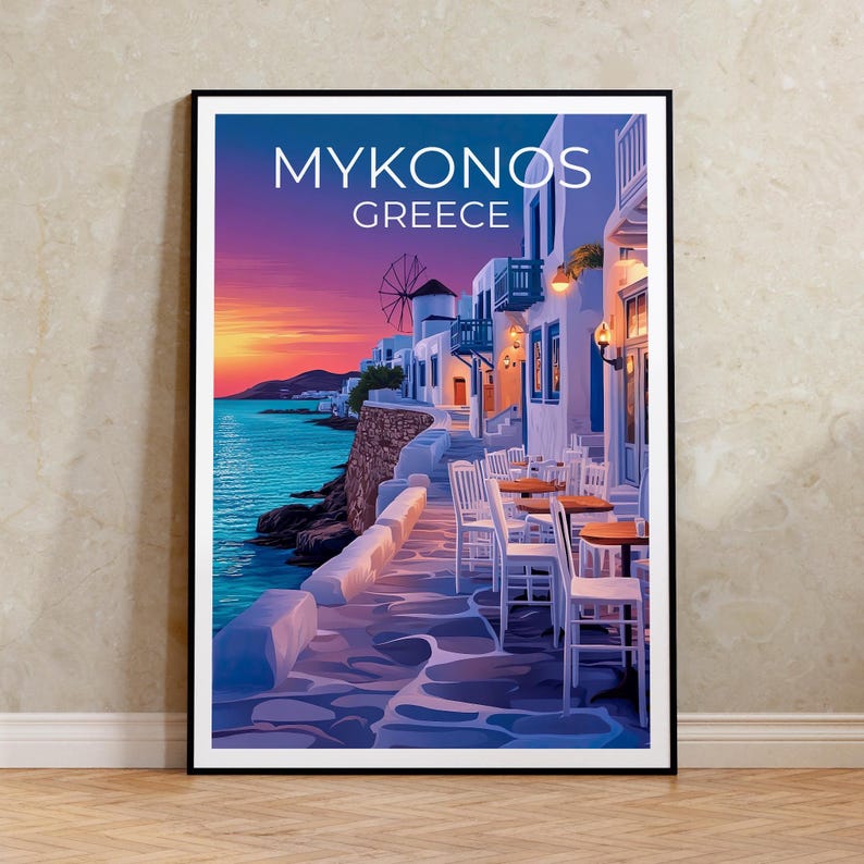 Mykonos Poster, Greece Travel Print, Cozy Cafe Art, Greek Islands Illustration, Landscape Poster, Scenic Wall Art, Home Decor, Birthday Gift