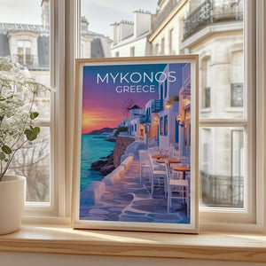 Mykonos Poster, Greece Travel Print, Cozy Cafe Art, Greek Islands Illustration, Landscape Poster, Scenic Wall Art, Home Decor, Birthday Gift