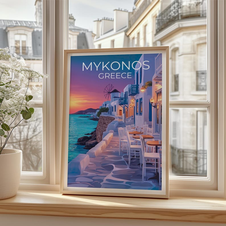 Mykonos Poster, Greece Travel Print, Cozy Cafe Art, Greek Islands Illustration, Landscape Poster, Scenic Wall Art, Home Decor, Birthday Gift