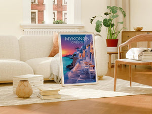 Mykonos Poster, Greece Travel Print, Cozy Cafe Art, Greek Islands Illustration, Landscape Poster, Scenic Wall Art, Home Decor, Birthday Gift