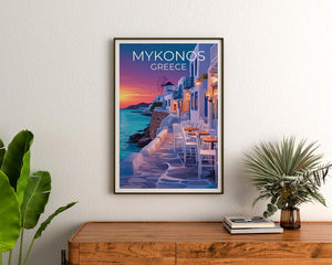 Mykonos Poster, Greece Travel Print, Cozy Cafe Art, Greek Islands Illustration, Landscape Poster, Scenic Wall Art, Home Decor, Birthday Gift