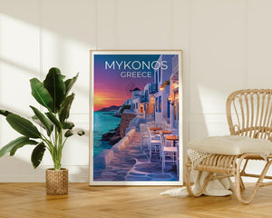 Mykonos Poster, Greece Travel Print, Cozy Cafe Art, Greek Islands Illustration, Landscape Poster, Scenic Wall Art, Home Decor, Birthday Gift
