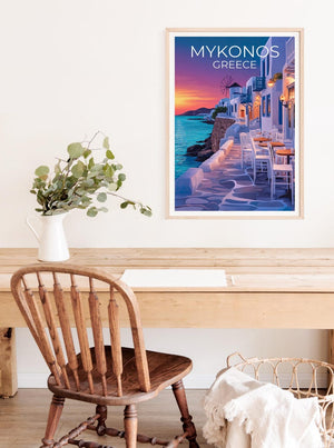 Mykonos Poster, Greece Travel Print, Cozy Cafe Art, Greek Islands Illustration, Landscape Poster, Scenic Wall Art, Home Decor, Birthday Gift