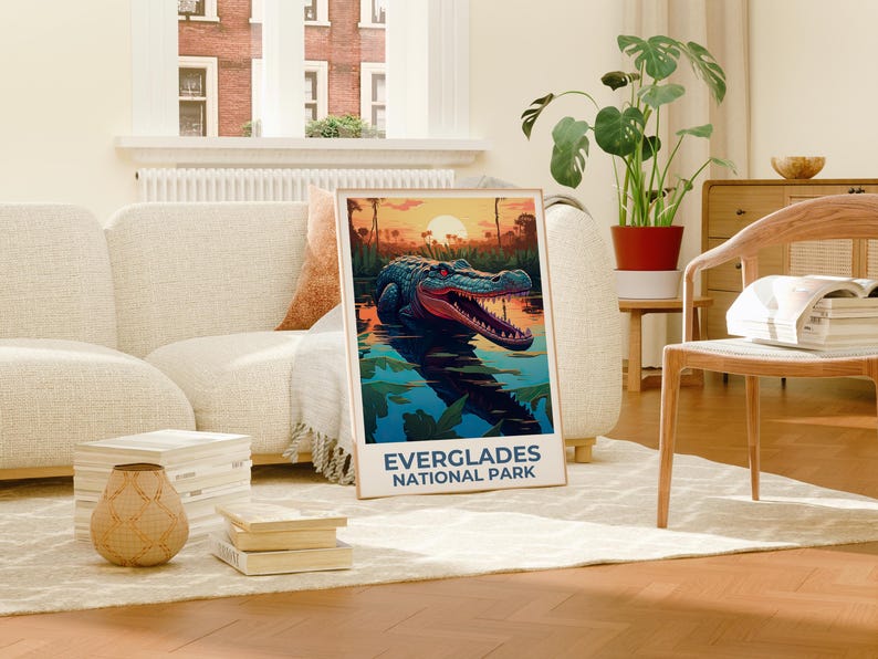 Everglades National Park Travel Poster, Alligator Print, Florida Art, Everglades Illustration, Landscape Poster, Home Decor