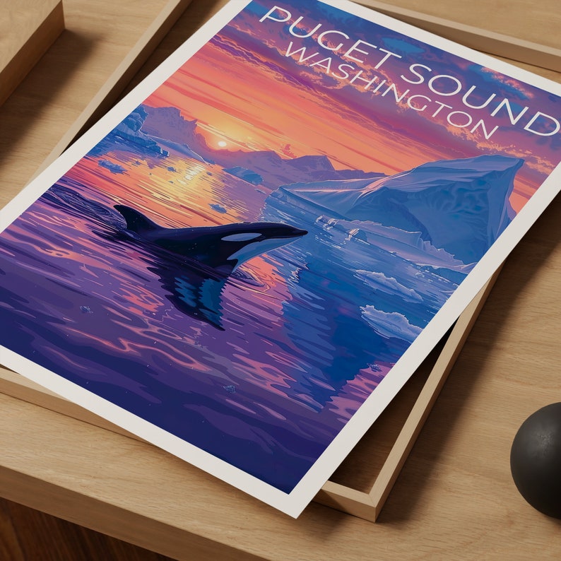 Puget Sound Poster, Puget Sound Print, Washington Poster, Washington Print, Puget Sound Travel Poster, Orca Poster, Puget Sound Art