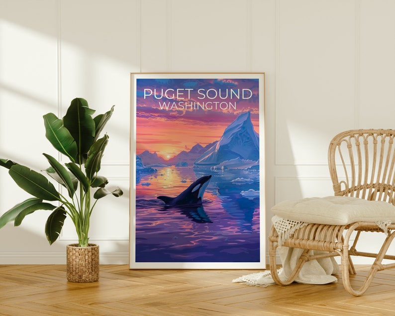 Puget Sound Poster, Puget Sound Print, Washington Poster, Washington Print, Puget Sound Travel Poster, Orca Poster, Puget Sound Art