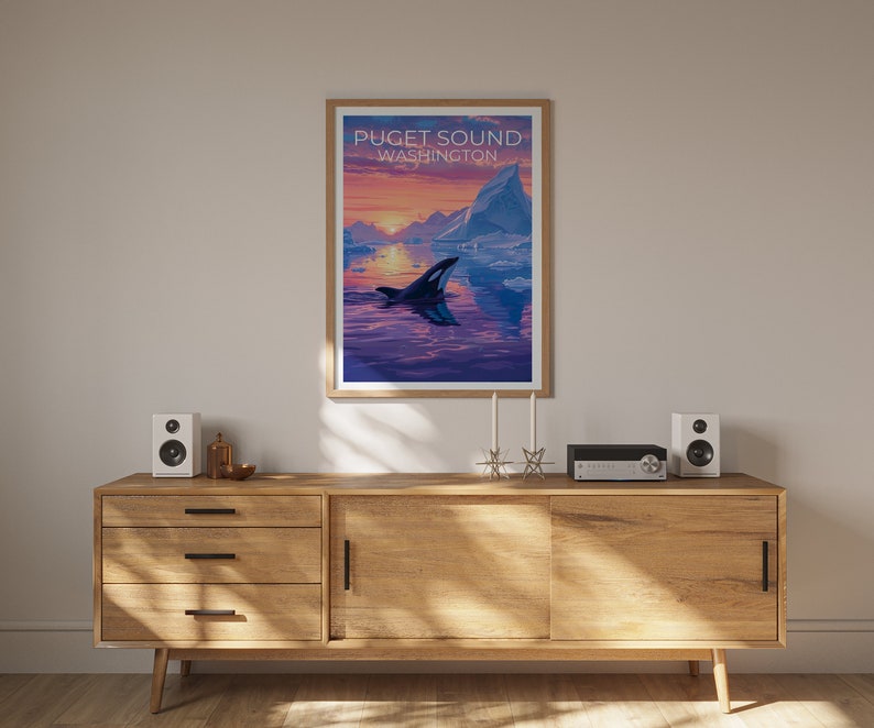 Puget Sound Poster, Puget Sound Print, Washington Poster, Washington Print, Puget Sound Travel Poster, Orca Poster, Puget Sound Art