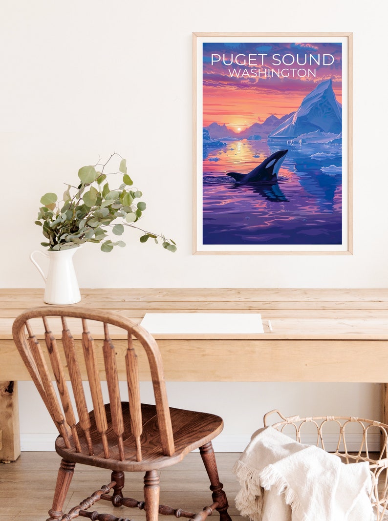 Puget Sound Poster, Puget Sound Print, Washington Poster, Washington Print, Puget Sound Travel Poster, Orca Poster, Puget Sound Art