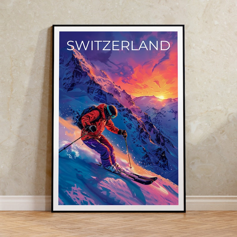 Switzerland Poster, Switzerland Print, Swiss Alps Poster, Swiss Alps Print, Switzerland Poster, Skier Poster, Switzerland Art