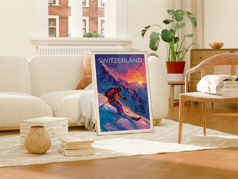 Switzerland Poster, Switzerland Print, Swiss Alps Poster, Swiss Alps Print, Switzerland Poster, Skier Poster, Switzerland Art