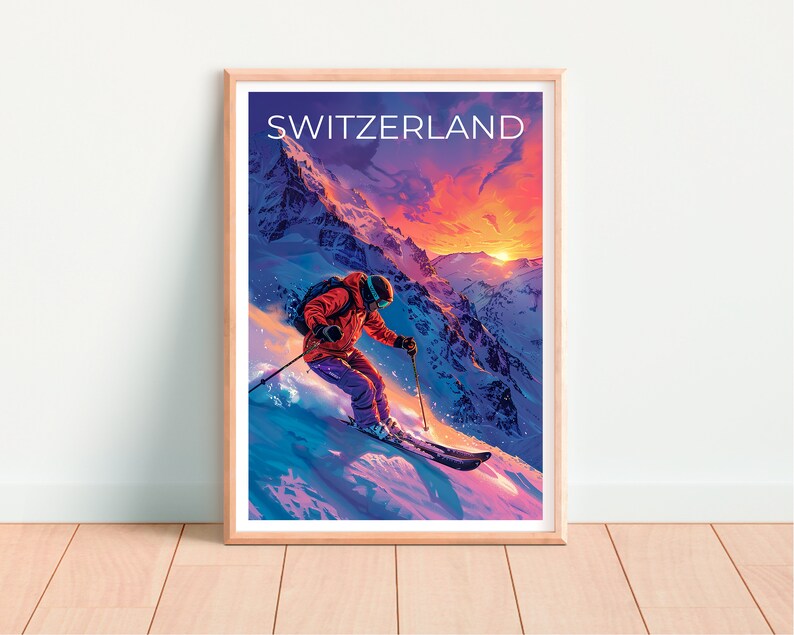 Switzerland Poster, Switzerland Print, Swiss Alps Poster, Swiss Alps Print, Switzerland Poster, Skier Poster, Switzerland Art