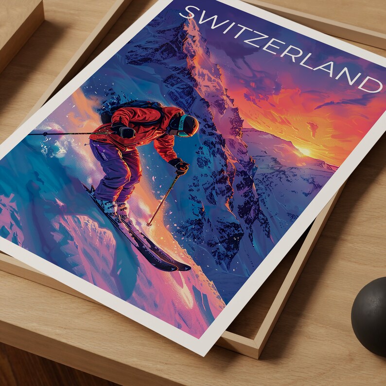 Switzerland Poster, Switzerland Print, Swiss Alps Poster, Swiss Alps Print, Switzerland Poster, Skier Poster, Switzerland Art