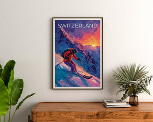 Switzerland Poster, Switzerland Print, Swiss Alps Poster, Swiss Alps Print, Switzerland Poster, Skier Poster, Switzerland Art