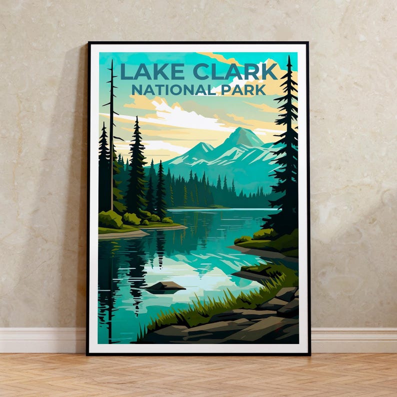 Lake Clark National Park Travel Print, Alaska Poster, Lake Wall Art, Mountain Illustration, Lake Clark Poster, Home Decor, Birthday Gift