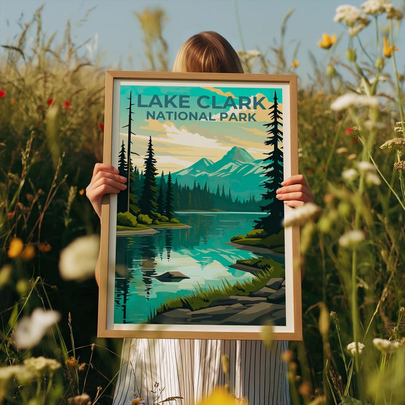 Lake Clark National Park Travel Print, Alaska Poster, Lake Wall Art, Mountain Illustration, Lake Clark Poster, Home Decor, Birthday Gift