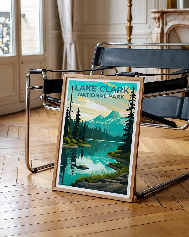 Lake Clark National Park Travel Print, Alaska Poster, Lake Wall Art, Mountain Illustration, Lake Clark Poster, Home Decor, Birthday Gift