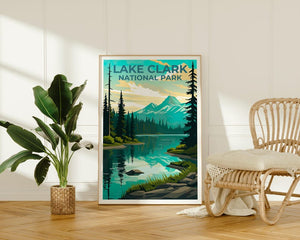 Lake Clark National Park Travel Print, Alaska Poster, Lake Wall Art, Mountain Illustration, Lake Clark Poster, Home Decor, Birthday Gift