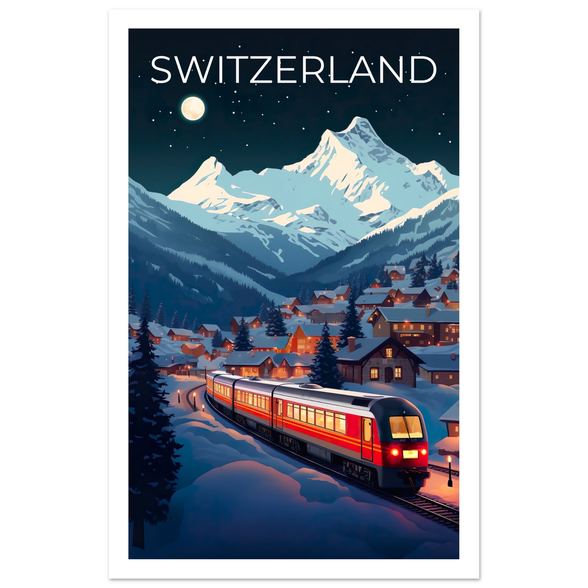 Switzerland Travel Print, Swiss Alps Poster, Swiss Train Wall Art, Mountain Illustration, Switzerland Poster, Home Decor, Birthday Gift