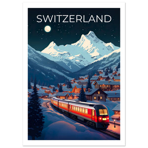 Switzerland Travel Print, Swiss Alps Poster, Swiss Train Wall Art, Mountain Illustration, Switzerland Poster, Home Decor, Birthday Gift
