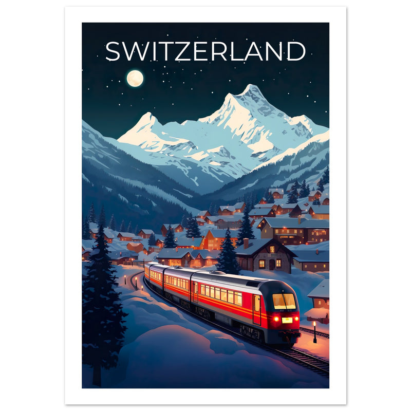 Switzerland Travel Print, Swiss Alps Poster, Swiss Train Wall Art, Mountain Illustration, Switzerland Poster, Home Decor, Birthday Gift
