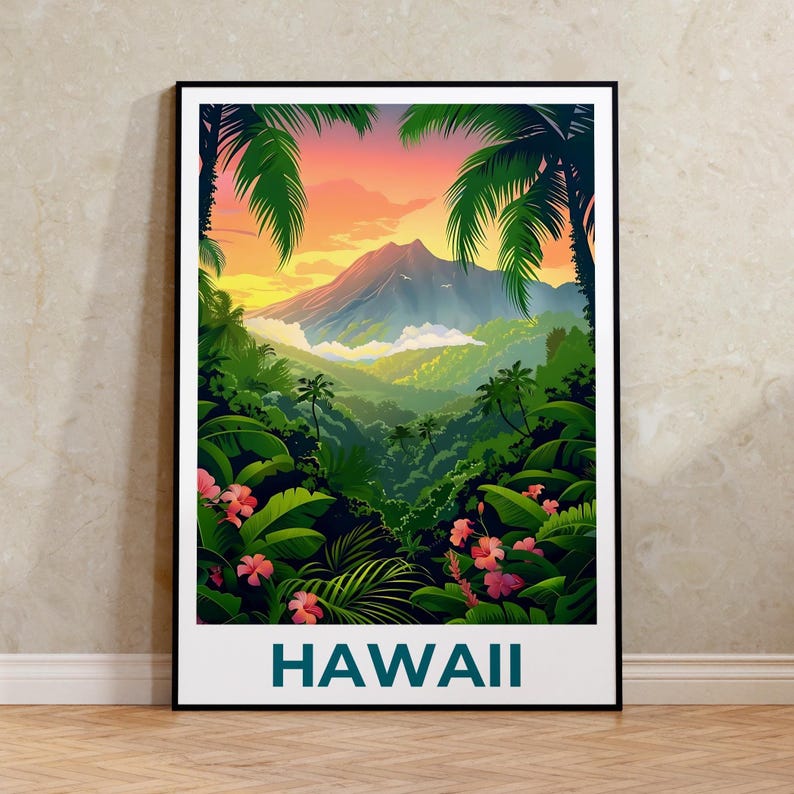 Hawaii Travel Poster, Hawaii Islands Print, Tropical Island Art, Hawaii Illustration, Adventure Poster, Home Decor, Birthday Gift