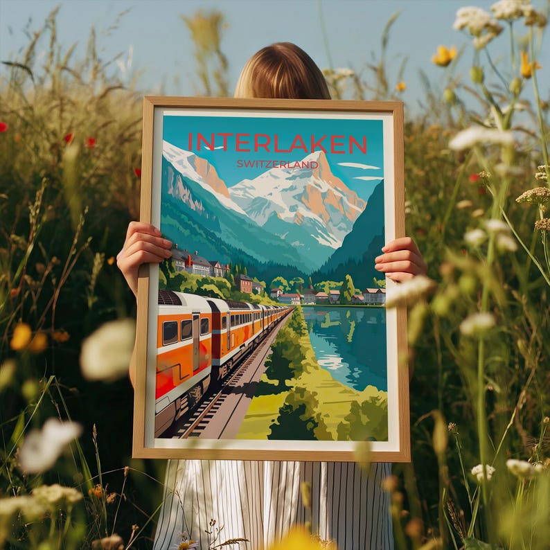 Interlaken Switzerland Poster, Swiss Train Lake Town Wall Art, Alpine Lake Print