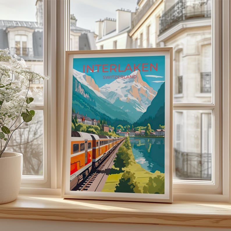 Interlaken Switzerland Poster, Swiss Train Lake Town Wall Art, Alpine Lake Print