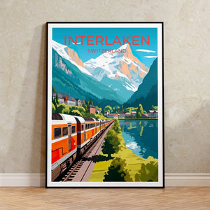 Interlaken Switzerland Poster, Swiss Train Lake Town Wall Art, Alpine Lake Print