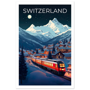 Switzerland Travel Print, Swiss Alps Poster, Swiss Train Wall Art, Mountain Illustration, Switzerland Poster, Home Decor, Birthday Gift
