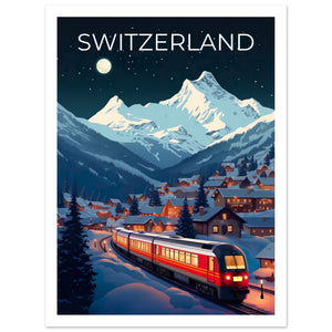 Switzerland Travel Print, Swiss Alps Poster, Swiss Train Wall Art, Mountain Illustration, Switzerland Poster, Home Decor, Birthday Gift