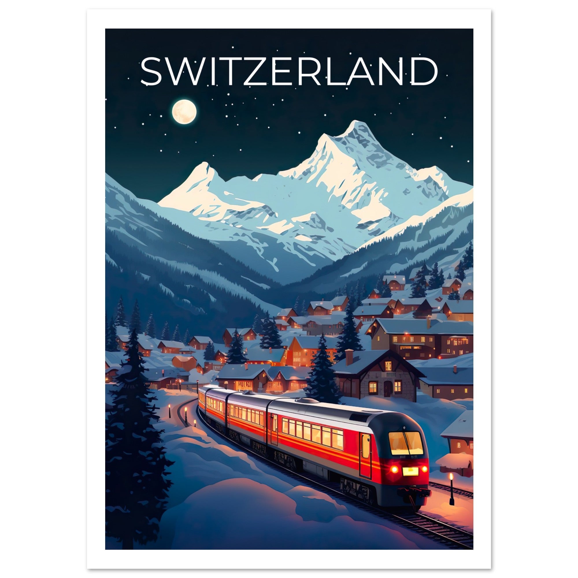 Switzerland Travel Print, Swiss Alps Poster, Swiss Train Wall Art, Mountain Illustration, Switzerland Poster, Home Decor, Birthday Gift