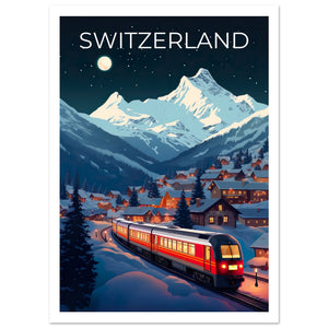 Switzerland Travel Print, Swiss Alps Poster, Swiss Train Wall Art, Mountain Illustration, Switzerland Poster, Home Decor, Birthday Gift