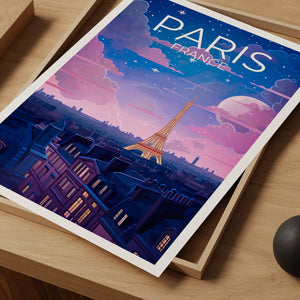 Paris France Poster – Eiffel Tower Night & Starry Sky