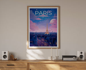 Paris France Poster – Eiffel Tower Night & Starry Sky