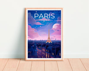 Paris France Poster – Eiffel Tower Night & Starry Sky