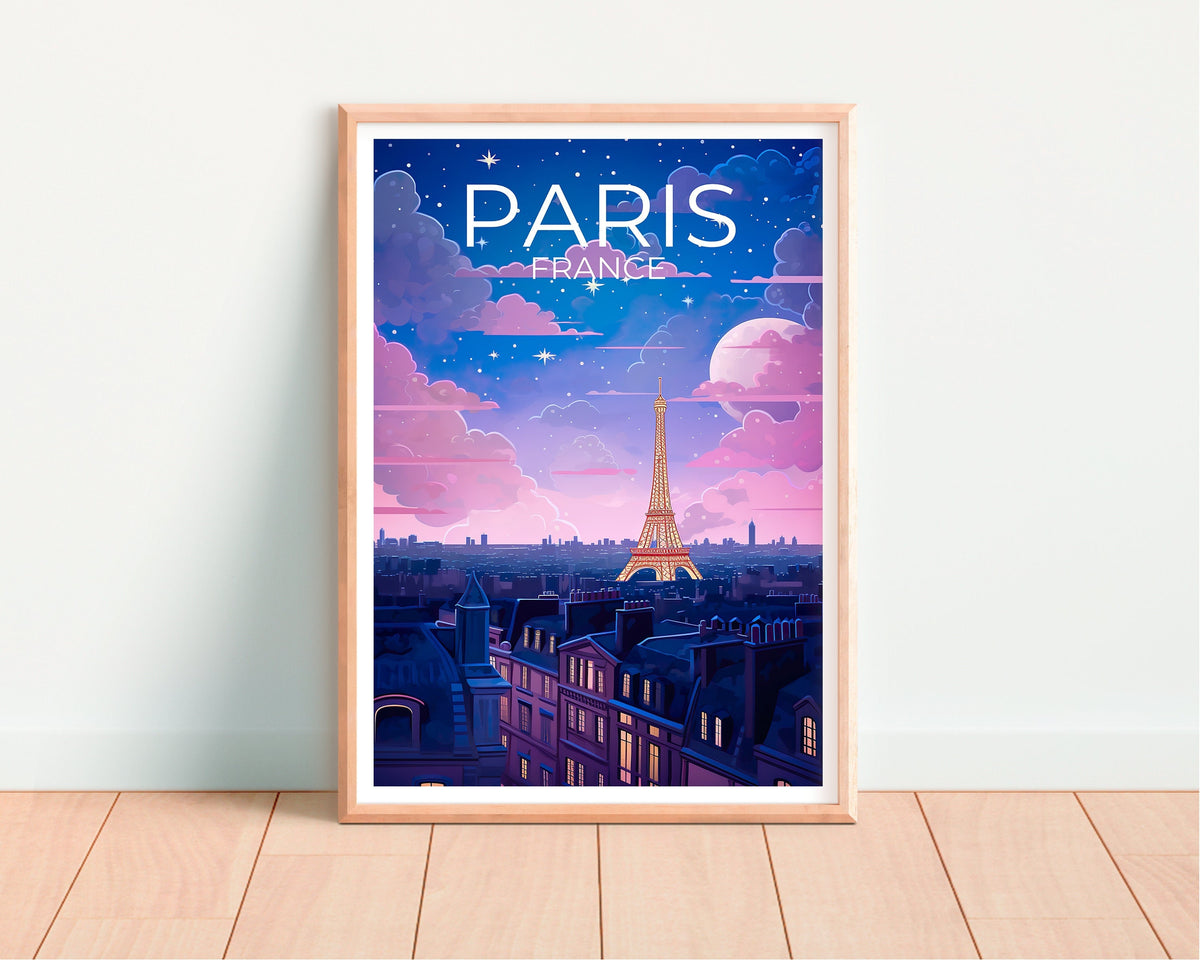 Paris France Poster – Eiffel Tower Night & Starry Sky
