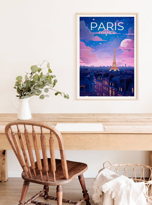 Paris France Poster – Eiffel Tower Night & Starry Sky