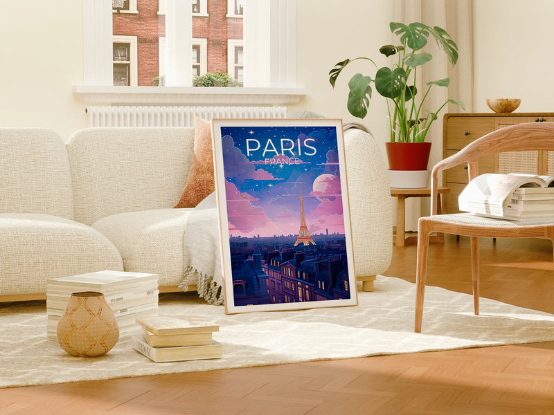 Paris France Poster – Eiffel Tower Night & Starry Sky