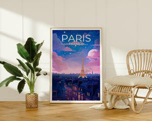 Paris France Poster – Eiffel Tower Night & Starry Sky