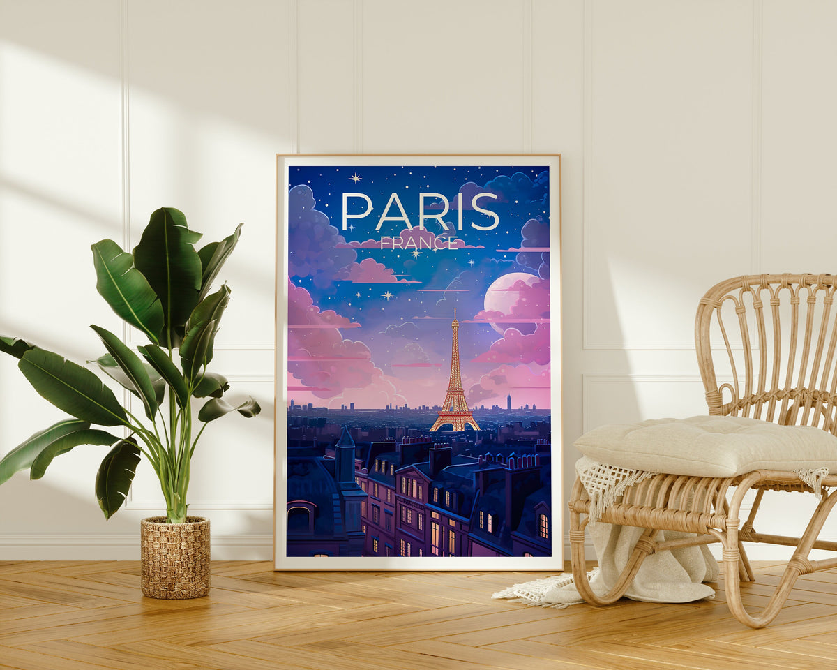 Paris France Poster – Eiffel Tower Night & Starry Sky