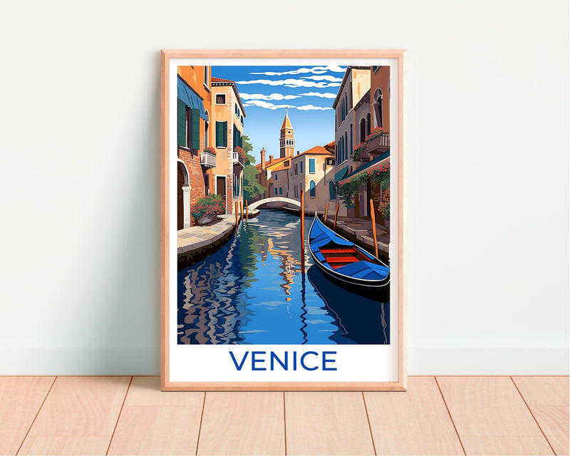 Venice Italy Poster – Gondola on Canal & Bell Tower Print