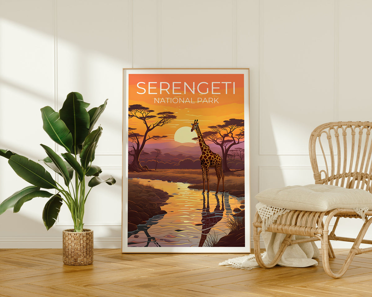 Serengeti National Park Poster — Giraffe at Sunset Art Print